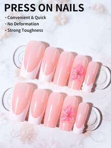 24片长方形3D仿真花朵美甲假指甲套装，包含1瓶凝胶胶水和1个指甲锉，白色法式美甲和夏季美甲款式，适合女性日常工作、节日和派对场合。 - 彩色 - 查看 2