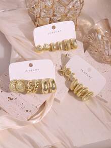 6/18pcs New Fashion Starfish, Seashell, Spiral C-Shape, Moon & Ocean Series Earrings Set, Suitable For Summer Travel & Vacation Wear - Gold - View 3
