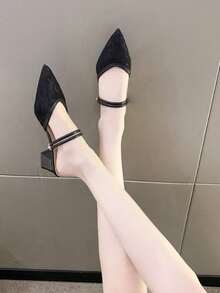 New Mesh Pointed Toe Chunky Heel Sandals Mules Two-Way Wear Pumps,Summer Shoes - Black - View 5