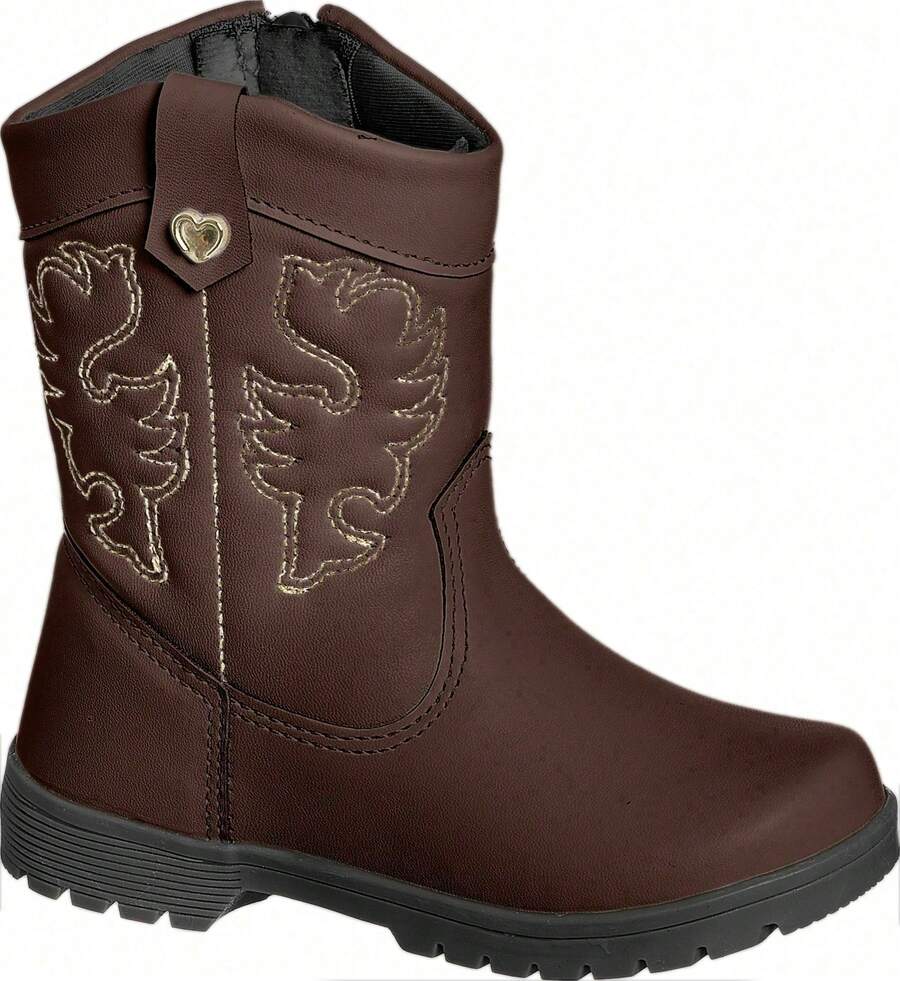 Girls' Country Style Cowboy Boots, Long Shaft, With Side Zipper - Coffee Brown - View 1