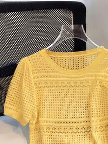镂空网眼T恤，圆领，修身，纯色，短款，简约风格，秋夏季针织上衣 - 黃色 - 查看 3