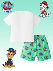 Paw Patrol 2pcs  Boys' Outfit, Includes White Cartoon Puppy Print Short Sleeve T-Shirt And Shorts, Comfortable Casual Sleepwear/Loungewear For Boys, Suitable For Daily, Holiday, Gift - White - View 2