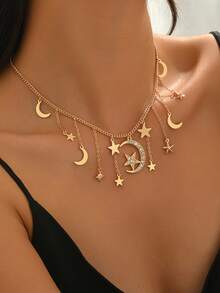 1pc Middle Eastern Style Creative Minimalist Star & Moon Combination Crescent Tassel Pendant Necklace, Versatile Daily Wear For Women, Suitable For Festive Dresses, Great Gift For Family/Friends - Yellow Gold - View 3