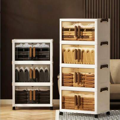 5-Layer Stackable Plastic Storage Box With Lid - Wardrobe Organizer Cabinet, 32-Inch Wide Foldable Box, Collapsible Storage Container, Craft Organizer Box, Suitable For Home, Pantry, Office, Dorm (No Wheels)