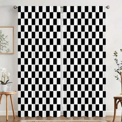2 pièces Rideaux imprimés plats de style minimaliste moderne, motif à carreaux noir et blanc, 100% polyester, avec passants pour tringle, non doublés, 90g/m², 180 cm de large, convient pour le salon, la chambre, la chambre d'enfant et autres décorations de maison moderne