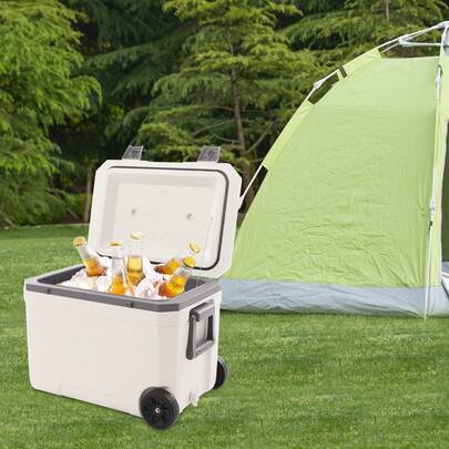 SHIOUCY White 45L/11.89Gal Insulated Portable Cooler With Wheels Telescopic Handle Hot Cold Preservation For Camping Picnic Beach Fishing Barbecue