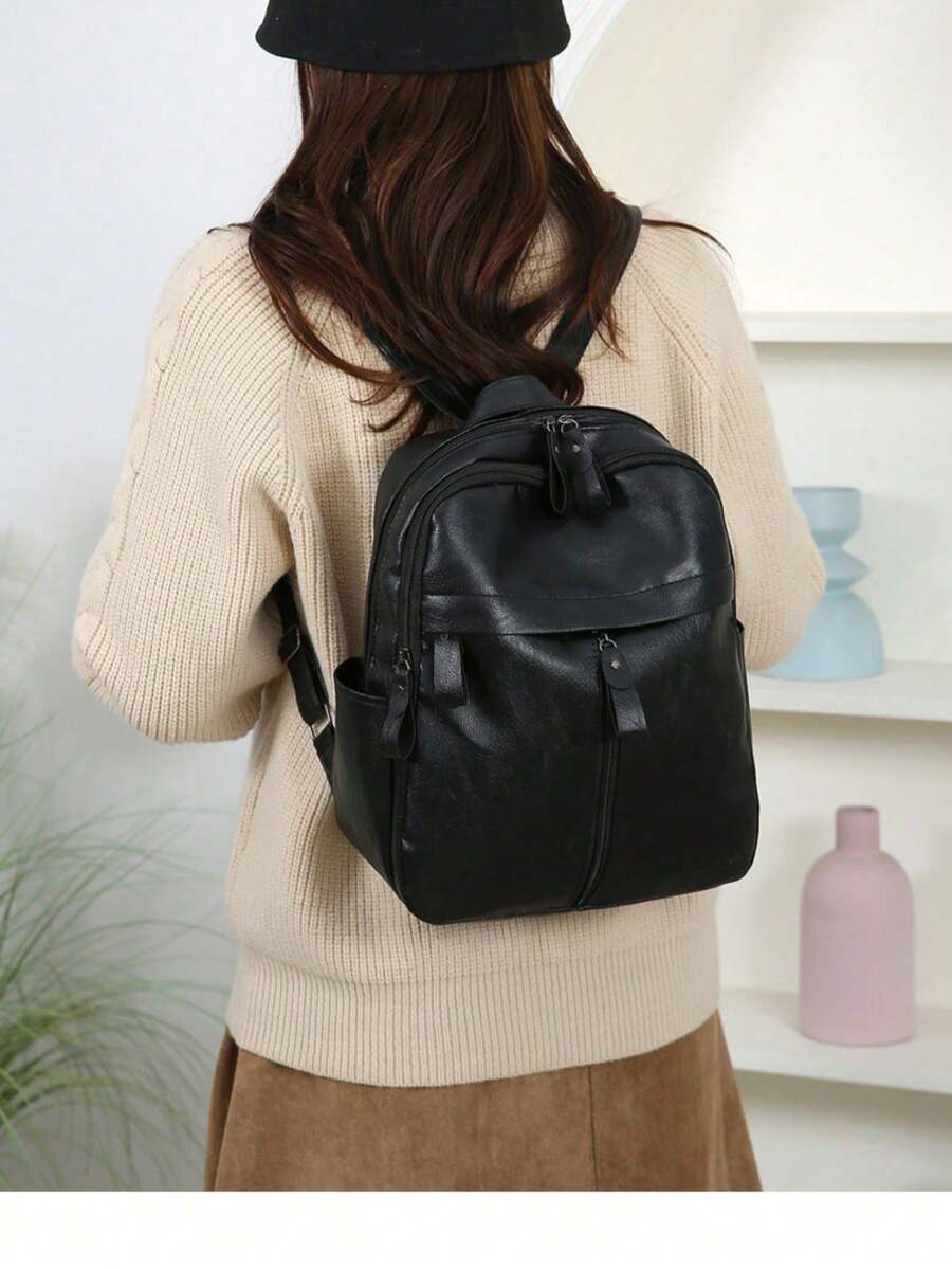 2026 New Elegant PU Leather Women Backpack, Fashion Anti-Theft In Black, Blue, Red, Brown, Large Capacity Commuter Travel Bag With Adjustable Shoulder Strap And Zipper Closure - Multicolor - View 1