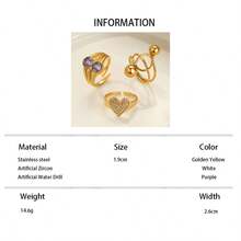 3件套不锈钢金色女士时尚优雅水钻圆珠戒指套装，适合日常佩戴或作为礼物 - 金黃色 - 查看 8