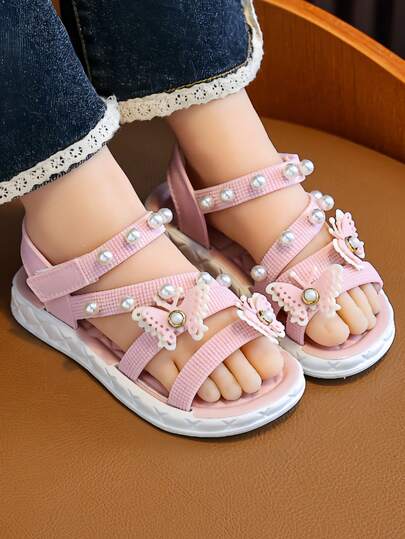 2026春夏新款儿童凉鞋，时尚3D蝴蝶珍珠装饰，魔术贴设计，柔软鞋底，舒适镂空，室内/室外沙滩凉鞋，适合小童/大童