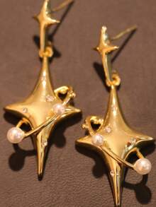 1 Pair Fashionable Starburst Cross Star Earrings, Design Versatile Daily & Party Earrings For Women - Gold - View 4