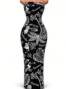 Women's Strapless Dress With Tropical Toucan Print – Elegant Summer Dress - Black Background - View 2