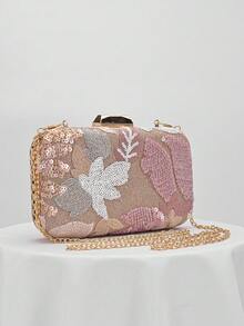 1pc Women's Fashionable Retro Evening Bag, Multicolor Leaf & Floral Pattern Patchwork Crossbody Mini Square Box Bag, Suitable For Party, Gathering, Shopping, Birthday, Valentine's Day, Gift, Random Pattern - Pink - View 2