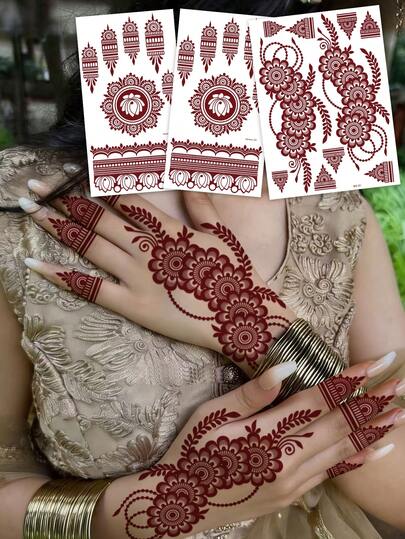 3 ملصقات وشم مؤقت مقاوم للماء بتصميم حناء، تصميم زهري كامل للكف، نقش هندسي منداليا ودانتيل، وشم جسم جذاب، ملصقات وشم حناء للأصابع والقدم، ملصقات وشم حناء زهرية للأيدي والذراعين والأقدام، مناسبة للاحتفالات والحفلات والاستخدام اليومي