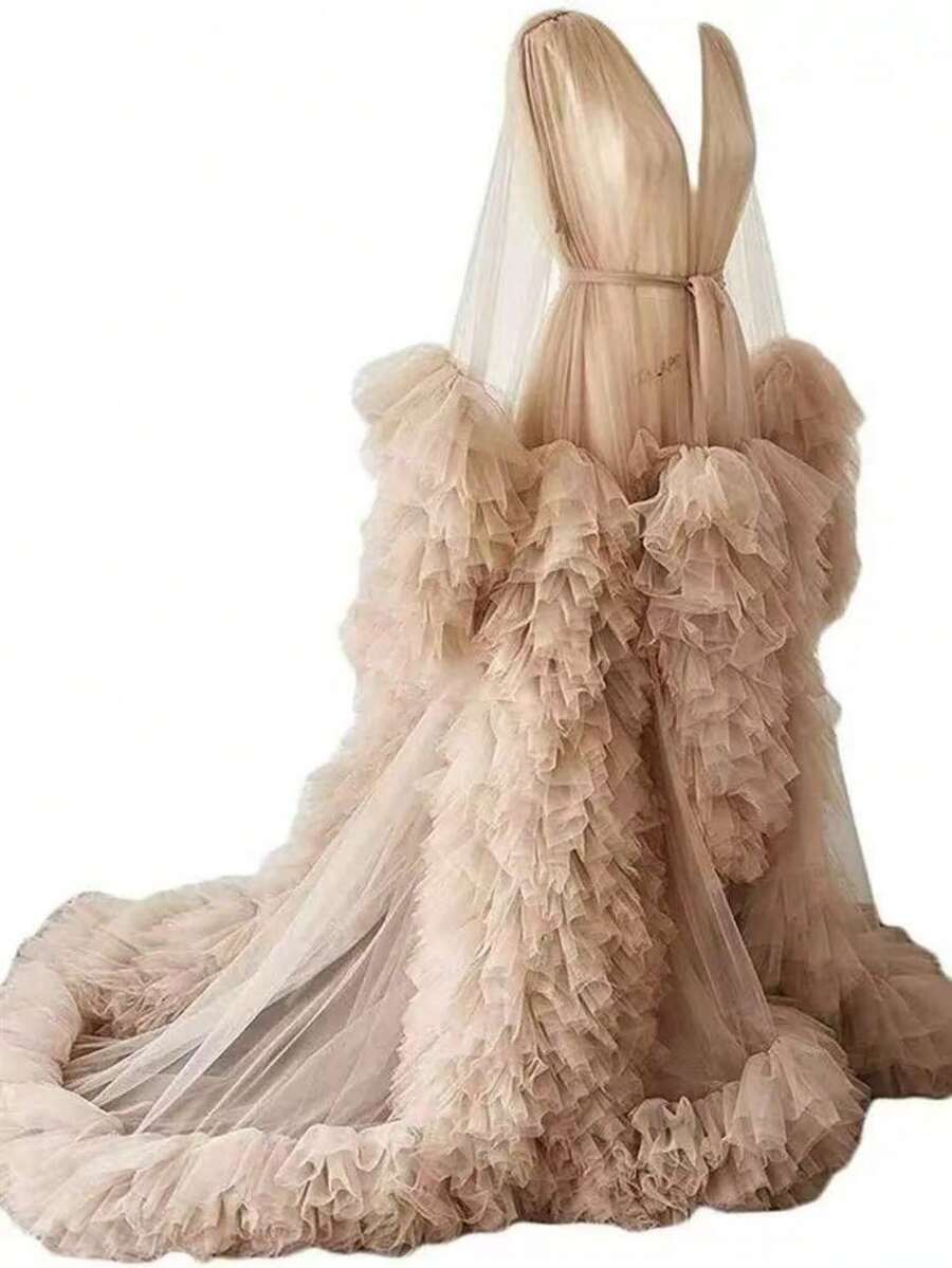 Sexy Women's Bridal Long Mesh Ruffle Tie Maternity Dress Deep V Trailing Long Sleeve Bridal Cape - Khaki - View 1