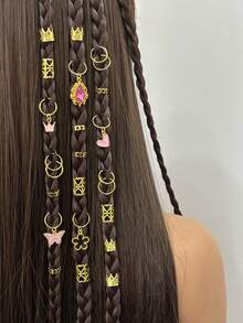 45件/套 女士编织心形吊坠发饰，粉色心形蝴蝶皇冠吊坠发夹，圣帕特里克节心形发圈 - 金色 - 查看 6