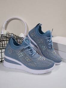 Zapatillas deportivas de mujer con cordones, estilo nuevo, con diamantes de imitación, cuña gruesa, casual, transpirables y cómodas, para correr, viajes al aire libre, adecuadas para todas las estaciones, zapatillas de entrenamiento para mujeres - Neblina azul - Ver 7