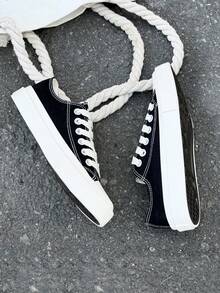 黑色帆布鞋，女鞋，运动鞋，男鞋，帆布鞋，春秋季款式，韩版简约时尚休闲系带运动鞋，经典低帮帆布鞋，百搭休闲滑板鞋 - 黑色 - 查看 3