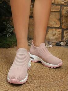 女士粉色休闲透气舒适套脚运动鞋，针织袜鞋，适合跳舞 - 粉色 - 查看 2