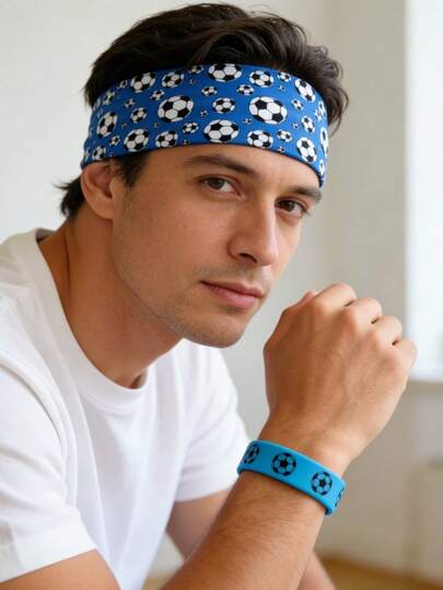 Diadema elástica con estampado de fútbol, diadema ancha transpirable y absorbente del sudor, conjunto de dos piezas con pulsera de silicona francesa con patrón de fútbol. Accesorios deportivos, diademas para correr al aire libre, accesorios para entusiastas del deporte, accesorios diarios para hombres y mujeres