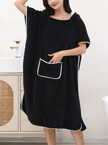 1pc Women's Soft Absorbent Hooded Sleeveless Solid Color Minimalist Oversized Bath Robe, Wearable Poncho For Bathing, Surfing, Beach, Outdoor Activities - Black - View 7