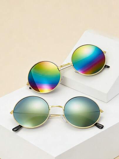 2 件复古圆形彩色王子镜，非常适合日常佩戴。