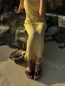 Vivid Style New Summer Fashion: Versatile Solid-Color Openwork Sleeveless Loose-Fit Casual Elegant Maxi Dress-Perfect For Parties, Gatherings, Dates, Vacations, And Birthdays - Yellow - View 3