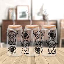 4张奶牛与花朵UV DTF转印贴纸，适用于16盎司Libbey玻璃杯（9.4x4.3英寸），可爱纯黑色奶牛与花朵防水贴纸，无需加热 - 牛花 - 查看 8