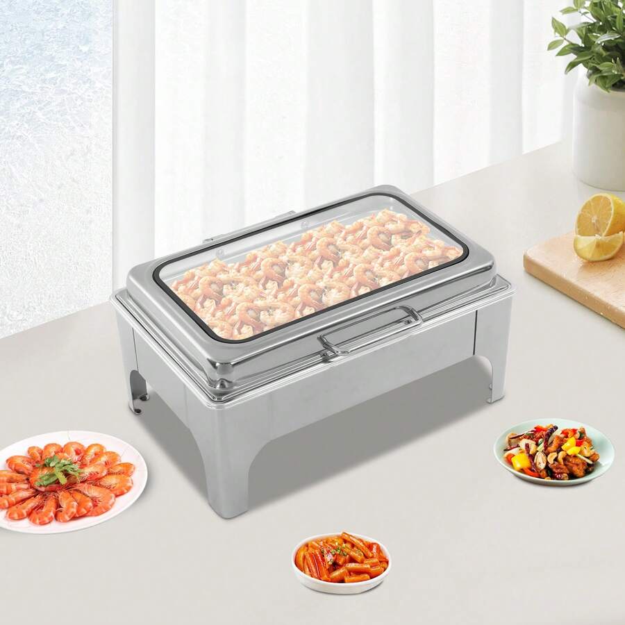 gladney 9L Rectangular Stainless Steel Chafing Dish With Glass Lid Hydraulic Hinge Removable Food Pan Fuel Holder Countertop Buffet Warmer For Hot Or Cold Service - Silver - View 1