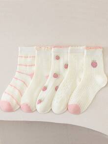 5 Pairs Girls' Strawberry Pattern Mesh Breathable Mid-Calf Socks, Spring/Summer New Arrival - Multicolor - View 12