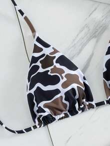 QKJ Bộ bikini nữ màu nâu đen họa tiết da bò, kiểu tam giác, cổ yếm, cúp ngực điều chỉnh được, dây buộc bên hông, cạp thấp, cạp cao, độ che phủ tối thiểu, gợi cảm, thích hợp cho kỳ nghỉ hè đi biển. - màu đen - Xem 6