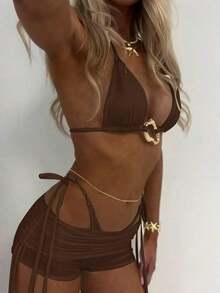 3pcs/Set Summer Sexy Solid Color Ruffled Halter Bikini With Drawin String, Beach Resort Swimsuit With Mesh Skirt - Brown - View 2