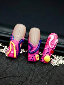 10pcs Square Fake Nails, Hot Pink & Blue Multicolor Nail Art, Handmade Nail Powder, Hand-Painted 3D Wave Texture Pattern, Colorful Line Y2K Style Wearable Nail Set, Suitable For Women Daily Party (Includes: 1pc Gel Glue And 1pc Buffing Block), Nail Art Supplies - Multicolor - View 5