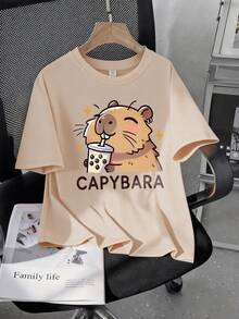 2pcs/Set For Teens: 1 Capybara Print Round Neck T-Shirt And 1 Casual Leggings. Suitable For Spring/Summer Wear, Great For Shopping, Gatherings, Sports, Travel And School. An Excellent Gift For Teenage Girls. - Apricot - View 5