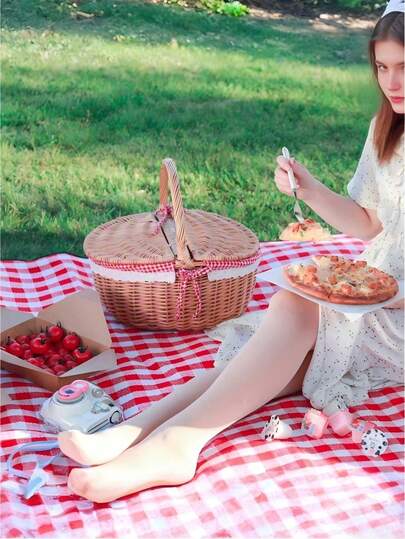 1 pieza Cesta de almacenamiento de picnic al aire libre tejida de mimbre, conveniente para viajar, con un forro hermoso, limpia y ordenada, adecuada para picnics al aire libre, la cocina y la sala de estar, puede contener verduras, frutas, flores, huevos y aperitivos