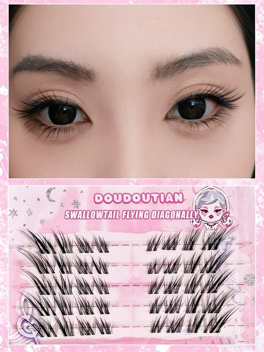 DOUDOUTIAN Basf Fox Tail Oblique Fly False Eyelashes, 40 Clusters, Self-Adhesive, DIY Detachable Segmented Design, C-Curl For Natural Everyday Look, Beginner-Friendly, Length 10mm-13mm - C - View 1