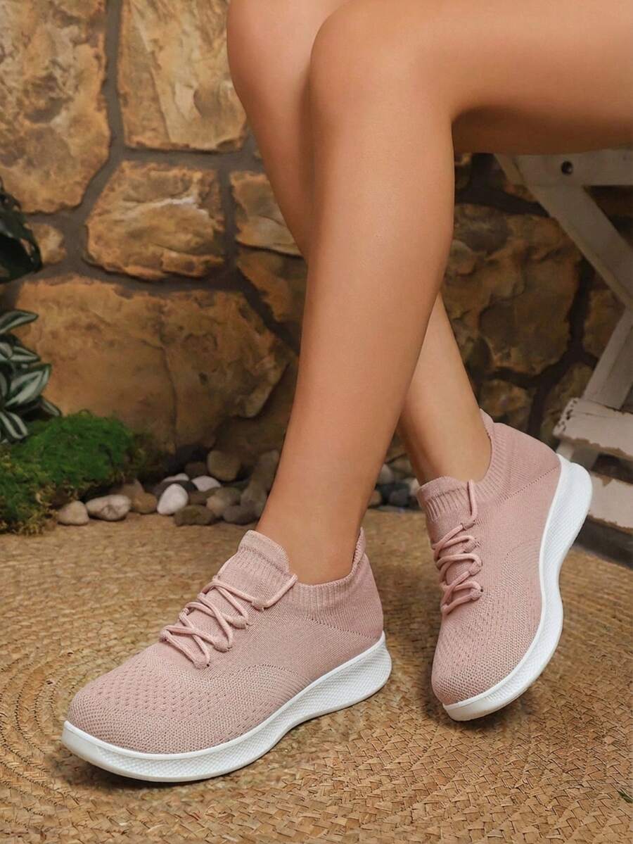 女士黑色和灰色针织休闲复古运动鞋，套脚袜鞋 - 粉色 - 查看 1