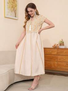 2026 New Style Ramadan Traditional Elegant Embroidered Arabic Women's Dress, Jalabia Design With Golden Tassel V-Neck Patchwork Blouse, Fashion & Graceful - Beige - View 8