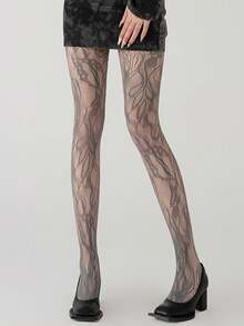 1pc Floral Fishnet Stockings, Y2K Baddie Aesthetic Black Mesh Tights, Pair With Thigh High Boots - Multicolor - View 5