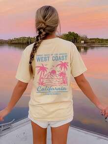 Teen Girl Casual Funny Print Round Neck Short Sleeve T-Shirt, Summer Top - Apricot - View 1