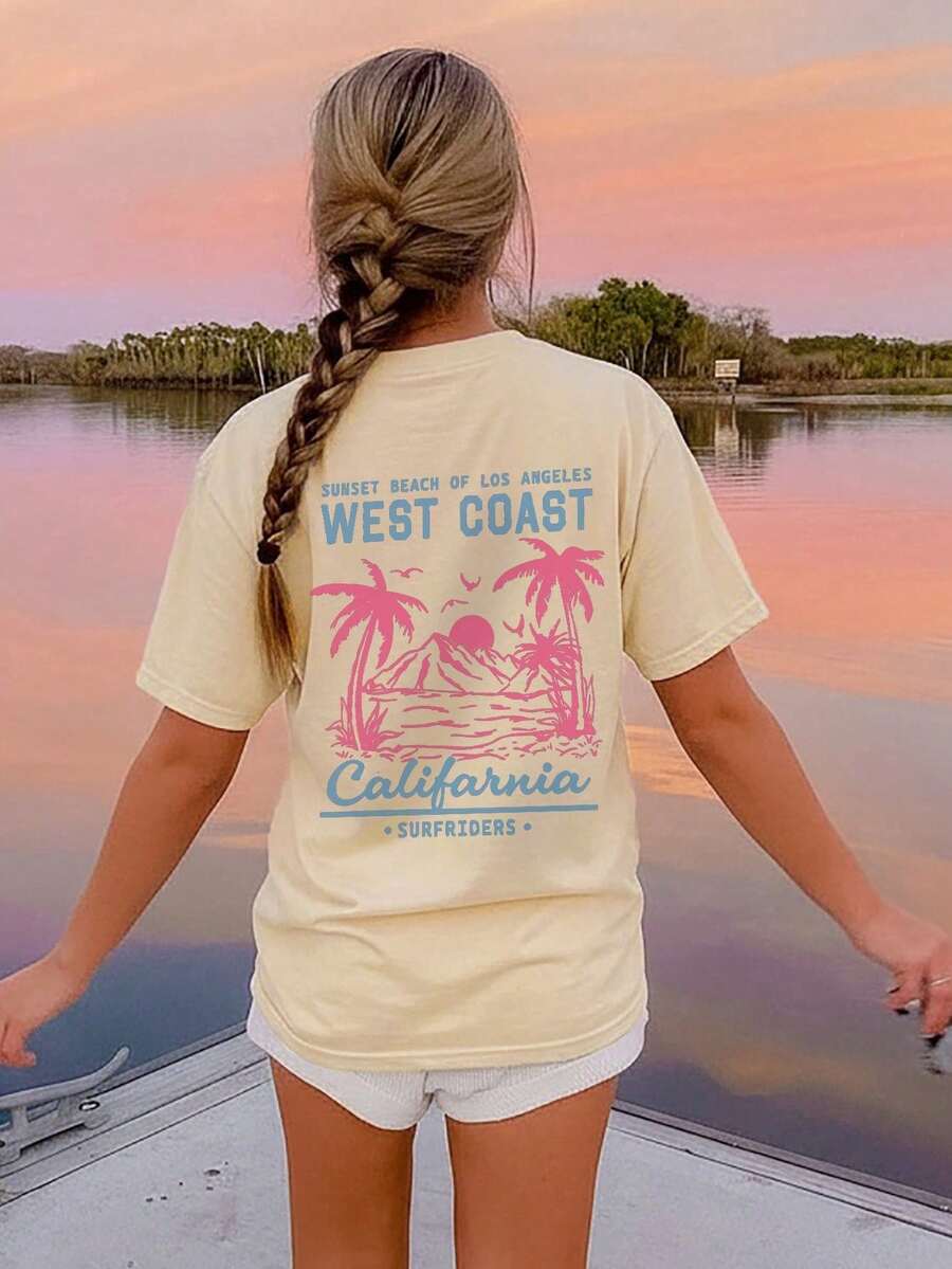 Teen Girl Casual Funny Print Round Neck Short Sleeve T-Shirt, Summer Top - Apricot - View 1