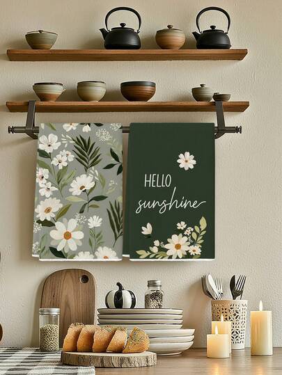 2 Adet İlkbahar Yaz Mutfak Havlusu Papatya Okaliptüs Eğrelti Otu Kır Çiçeği Çiftlik Evi Tarzı Mutfak Dekorasyonu El Havluları