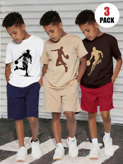 3pcs Basketball Themed Printed Sports T-Shirts, Suitable For Boys Casual Wear, Round Neck Short Sleeve, Basketball Theme, Suitable For Spring/Summer, Teens Sports Tops