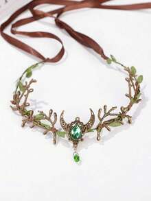 1pc Vintage Elegant Headpiece, Made Of Metal Inlaid With Crystals, Featuring Forest Branch Design Hair Accessory - Dark Green - View 8
