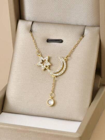1pc Fashion Cubic Zirconia Hollow Star & Moon Stainless Steel Necklace For Women, Gold Jewelry, Stainless Steel Chain, Women's Jewelry, Summer Vacation, Beach Party, Eid Gift, Birthday Gift, Gift For Lover