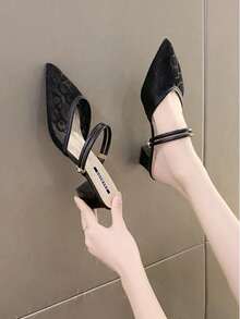 New Mesh Pointed Toe Chunky Heel Sandals Mules Two-Way Wear Pumps,Summer Shoes - Black - View 3