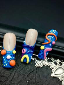 10pcs Square Fake Nails, Hot Pink & Blue Multicolor Nail Art, Handmade Nail Powder, Hand-Painted 3D Wave Texture Pattern, Colorful Line Y2K Style Wearable Nail Set, Suitable For Women Daily Party (Includes: 1pc Gel Glue And 1pc Buffing Block), Nail Art Supplies - Multicolor - View 7
