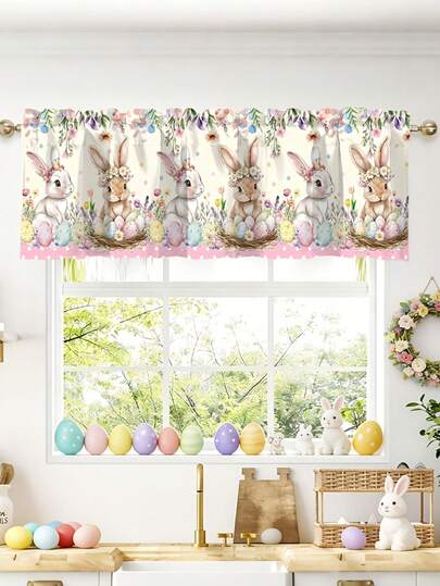 1 Set Easter Curtain, 55.12x17.72 Inch Pink Easter Bunny Egg Floral Kitchen Curtain, Polyester Rod Pocket Short Window Curtain, Holiday Kitchen Living Room Decor, Home Easter Decoration