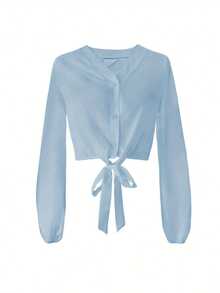 Women's Solid Color Elegant Elegant Versatile Tie Front Blouse, Casual Wear For Daily, Home, Commute, And Dates Spring - Blue - View 4