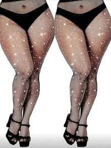 2pcs Sexy Rhinestone Fishnet Stockings, Thin Sheer Glitter Mesh Tights - Multicolor - View 11