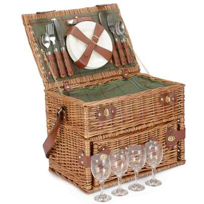 Red Hamper 4 Person Green Tweed Fitted Wicker Picnic Basket With Drawers
